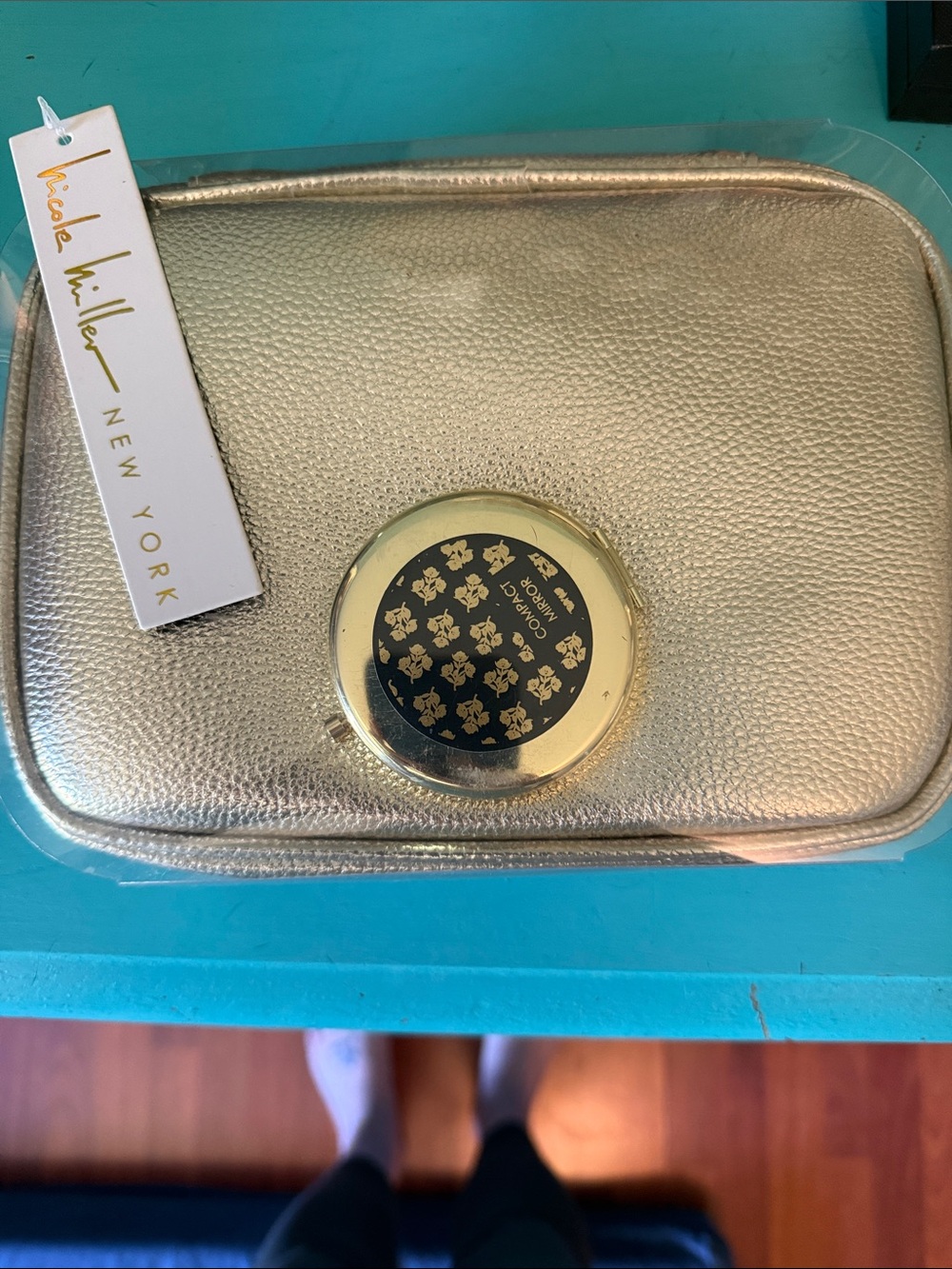 NWT Nicole Miller Metallic Gold Cosmetic Pouch with Compact Mirror